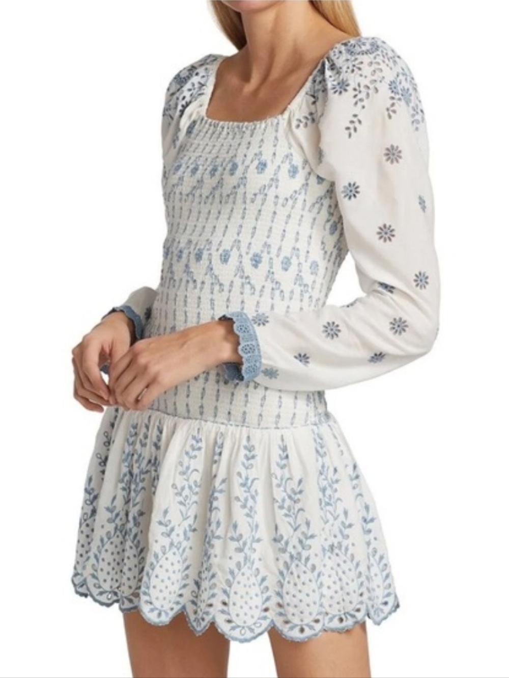 LoveShackFancy Jayce Ivory Shores Mini Dress Smocked With Eyelet Detail XS